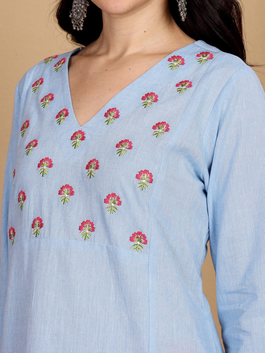 "SCENT OF SUMMER" floral embroidered yoke Kurta ((Ocean)