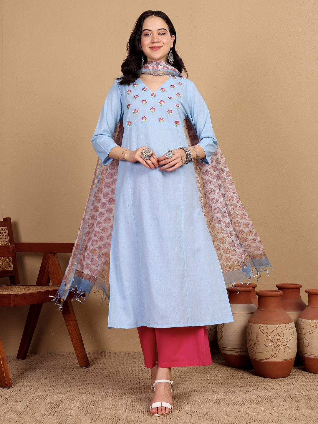 "SCENT OF SUMMER" floral embroidered yoke Kurta ((Ocean)