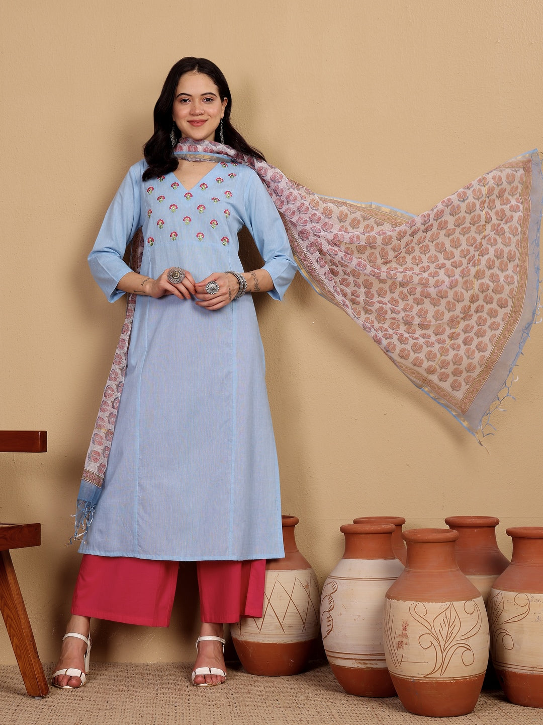 "SCENT OF SUMMER" floral embroidered yoke Kurta ((Ocean)