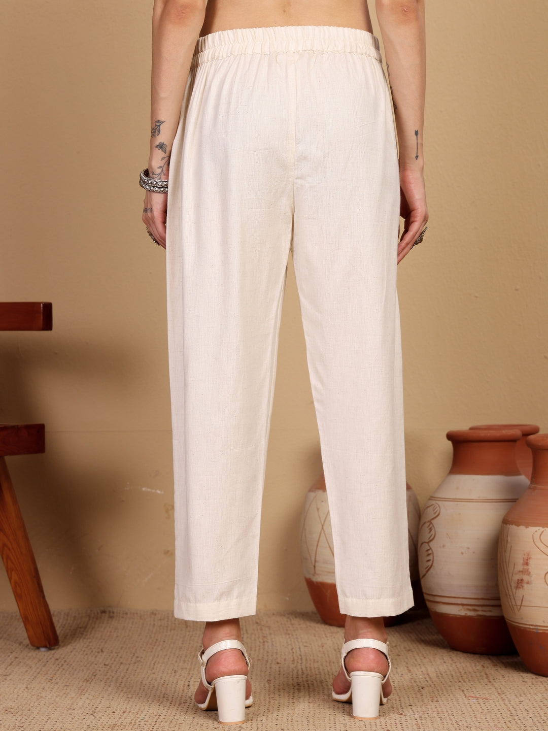 COTTON ELASTICATED WAIST PANTS- NATURAL COLOR