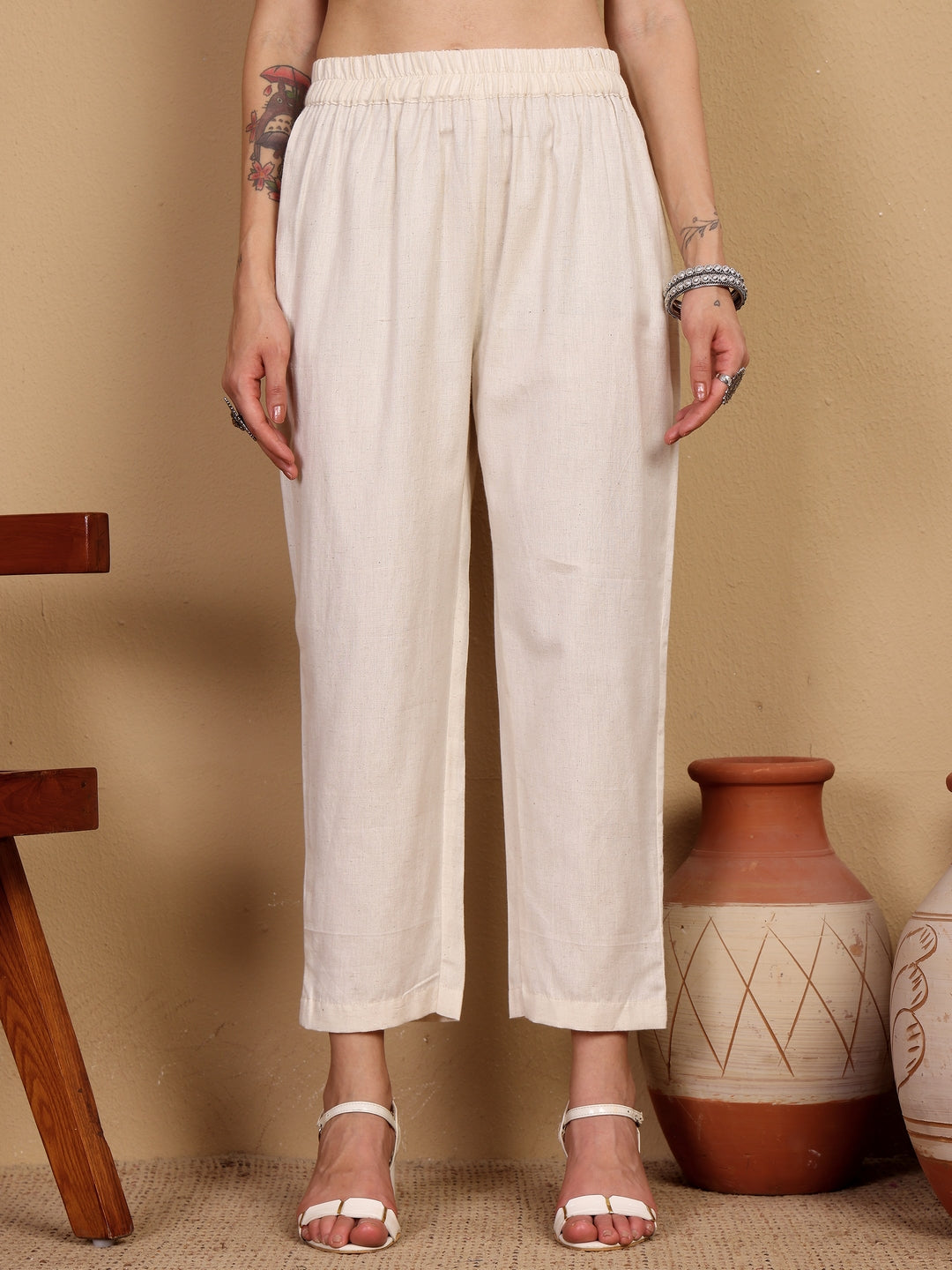 COTTON ELASTICATED WAIST PANTS- NATURAL COLOR