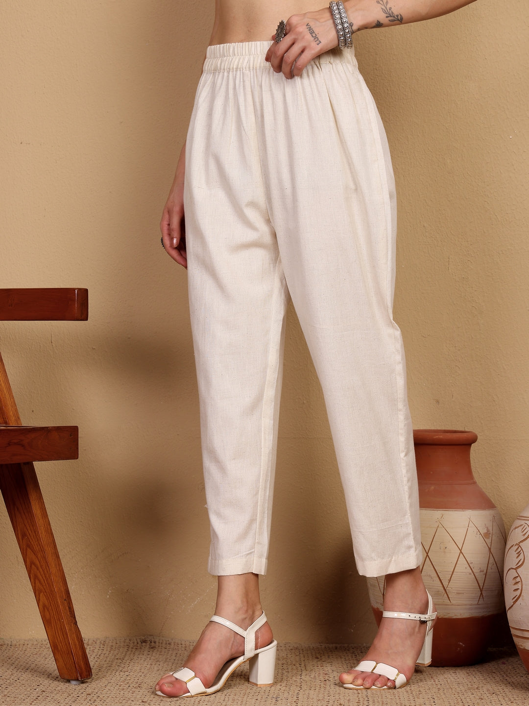 COTTON ELASTICATED WAIST PANTS- NATURAL COLOR