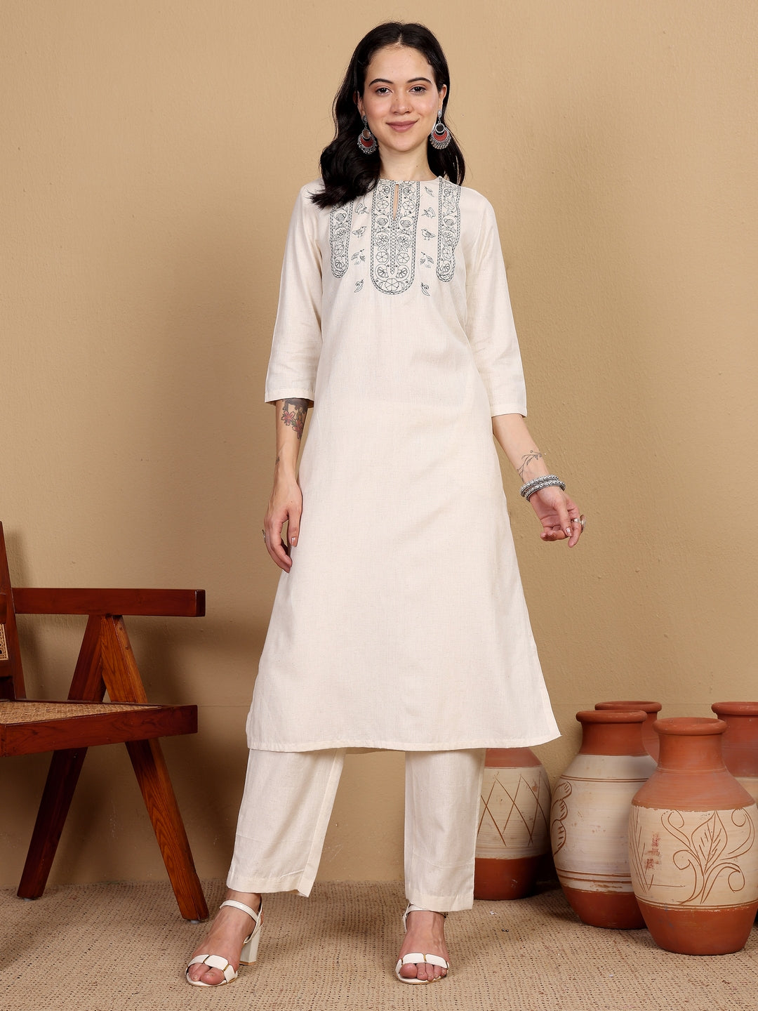 "A TRUE MODERN CLASSIC" embroidered Kurta (Natural)