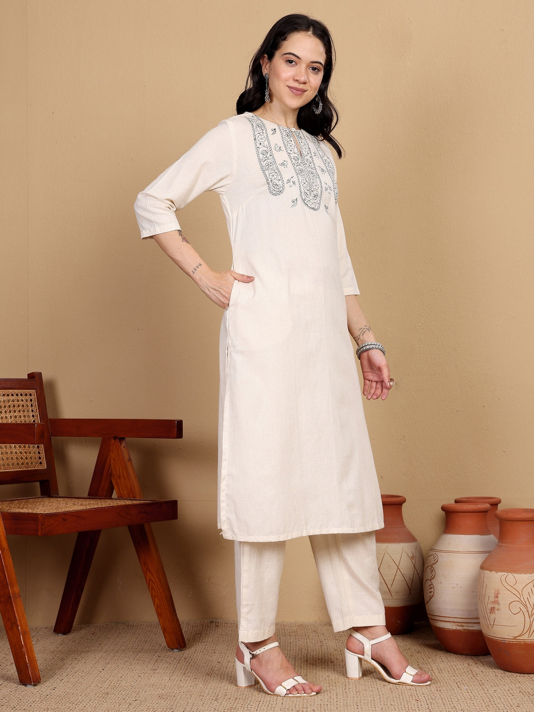 "A TRUE MODERN CLASSIC" embroidered Kurta (Natural)