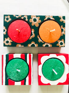 SOLD OUT: Hand Painted Wooden T-light holders (Set of 3 holders & 4 T-lights)