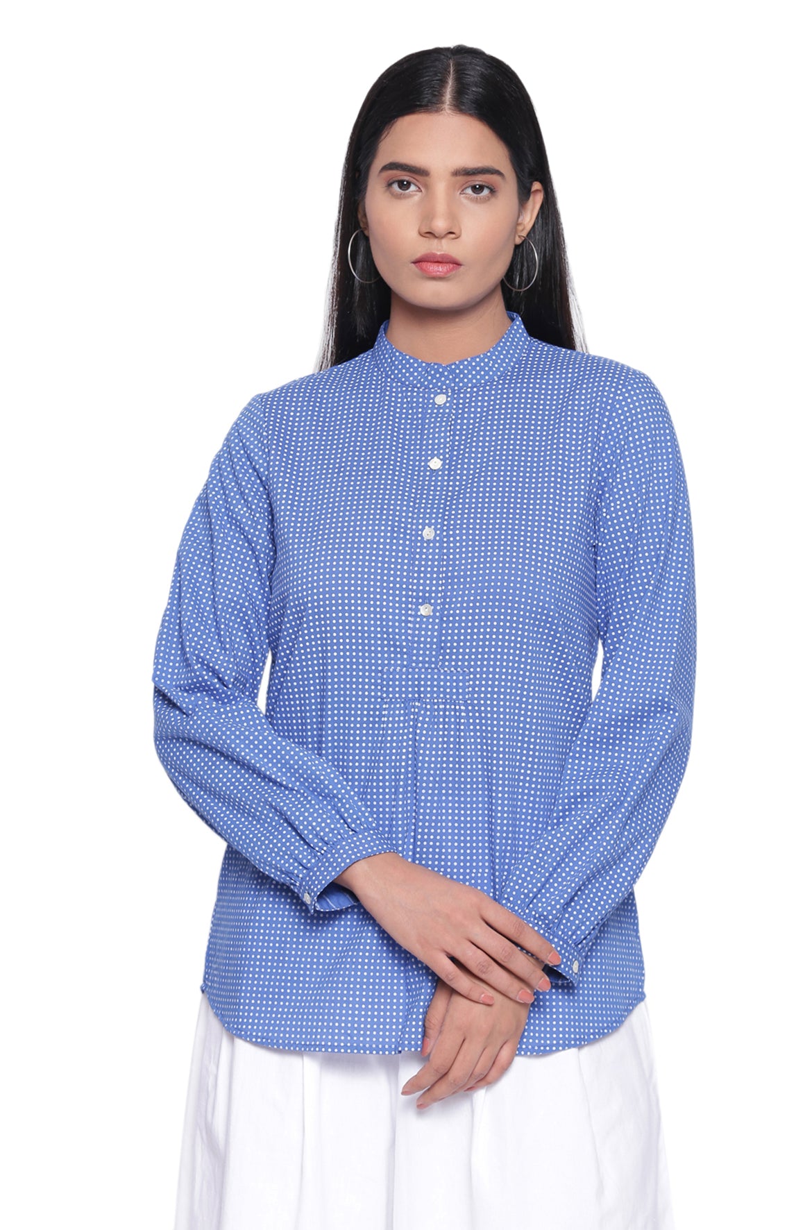 Classic Mandarin Collar Ink Blue Dot Print Top