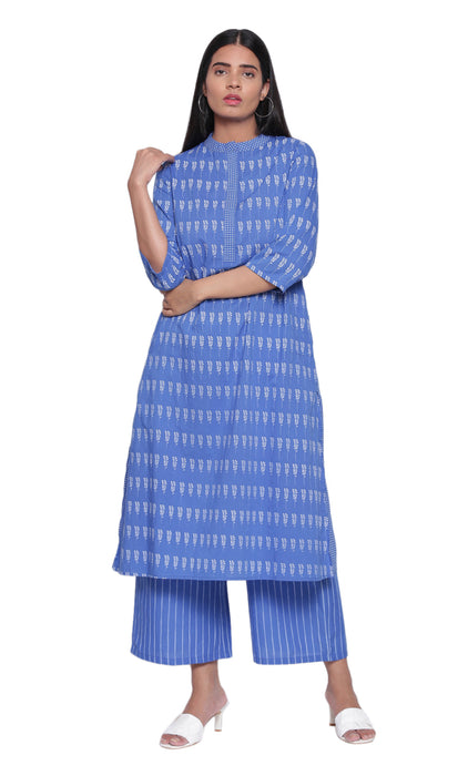 Printed Ink Blue Kurta With Side Pockets