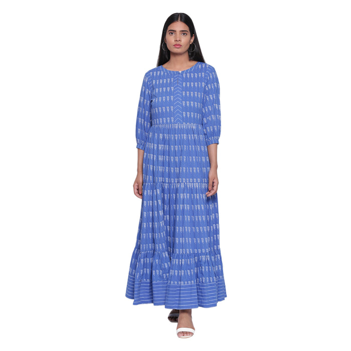 Ink Blue Printed Tiered Dress Long