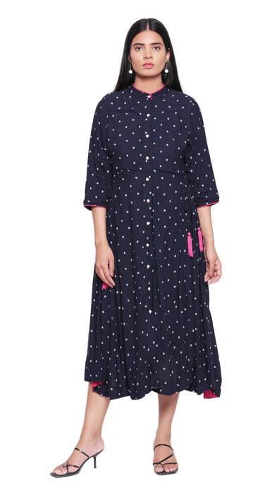 Navy Boho Tasseled Midi Dress