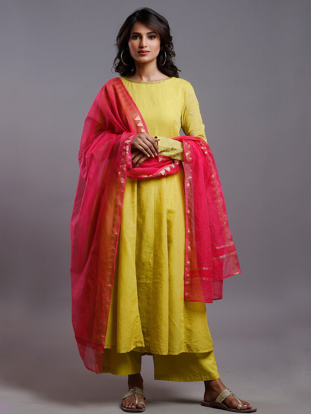 YELLOW ANARKALI  WITH GOLD SLEEVE EMBROIDERY- KURTA & PANT SET