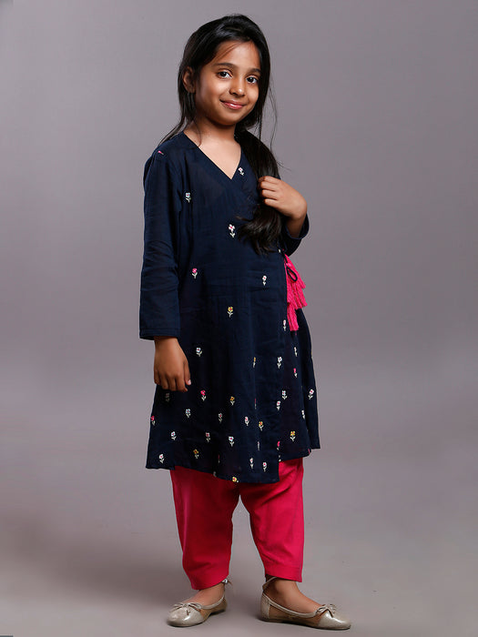 FLORAL EMBROIDERED WRAP KURTA SET - KIDS