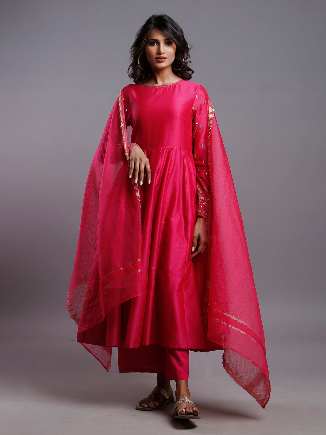 RASPBERRY PINK ANARKALI  WITH GOLD SLEEVE EMBROIDERY- KURTA & PANT SET