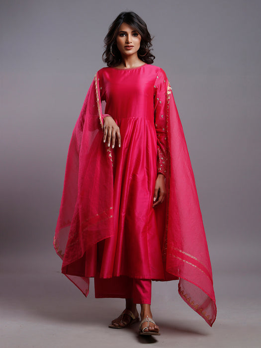 RASPBERRY PINK ANARKALI WITH GOLD SLEEVE EMBROIDERY