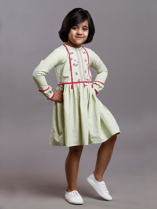FLORAL EMBROIDERED BOHO DRESS LIGHT GREEN- KID'S