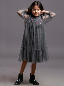 SMOKE GRAY TULLE EMBD DRESS