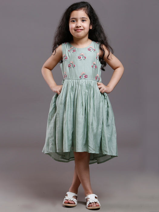 CHANDERI ASYMMETRIC HEM EMBROIDERED DRESS PASTEL GREEN