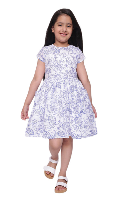 Blue & White Cotton Printed Dress Kid's