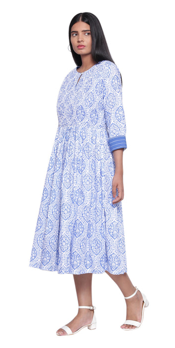 Ink Blue Printed Midi Dress wit Side Pockets