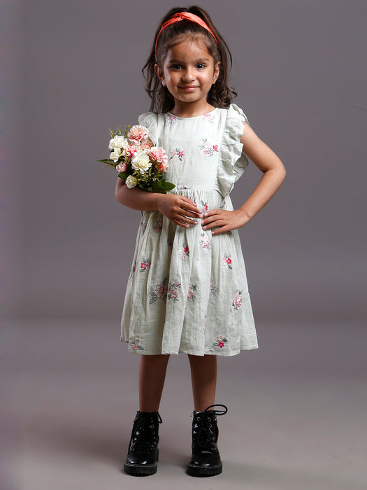 MULMUL EMBROIDERED COTTON DRESS PASTEL GREEN
