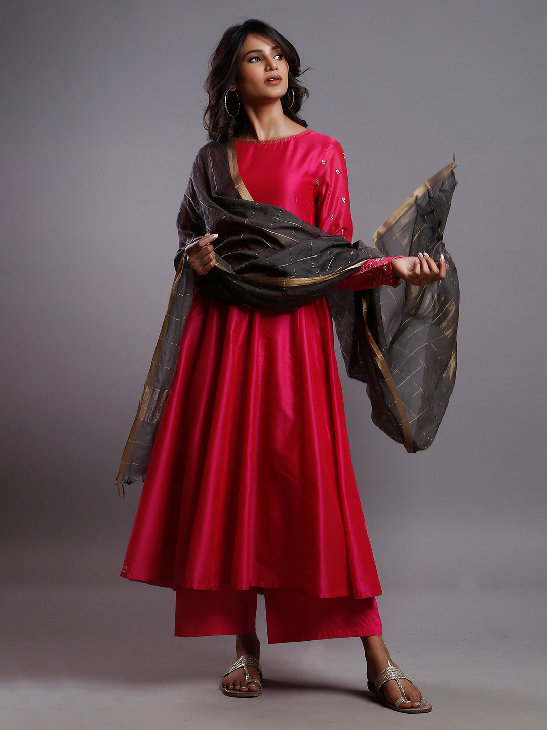 RASPBERRY PINK ANARKALI  WITH GOLD SLEEVE EMBROIDERY- KURTA & PANT SET