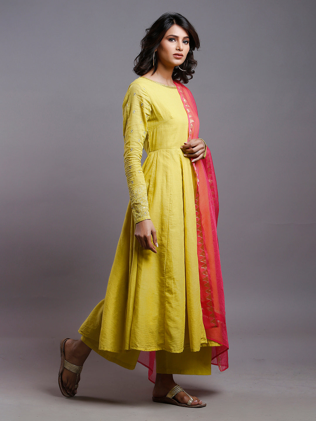 YELLOW ANARKALI  WITH GOLD SLEEVE EMBROIDERY- KURTA & PANT SET