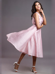 CHANDERI EMBROIDERED MIDI DRESS PINK ROSE WOMEN'S