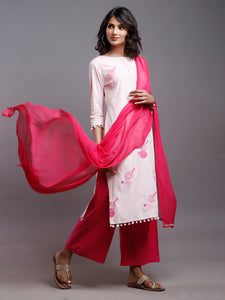 SOLD OUT- PEACH FLORAL EMBROIDERED KURTA WITH POM POM DETAILS