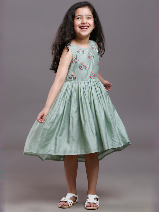 CHANDERI ASYMMETRIC HEM EMBROIDERED DRESS PASTEL GREEN