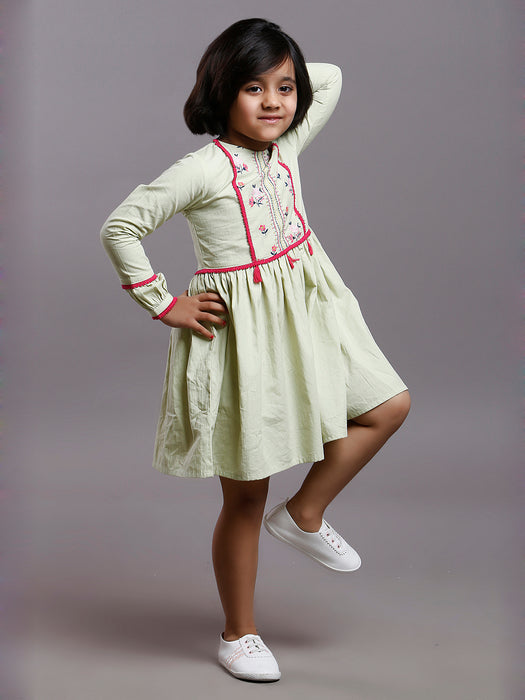 FLORAL EMBROIDERED BOHO DRESS LIGHT GREEN- KID'S