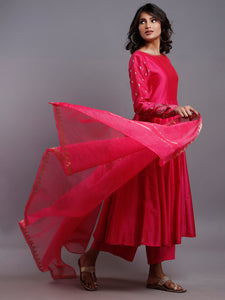 RASPBERRY PINK ANARKALI WITH GOLD SLEEVE EMBROIDERY