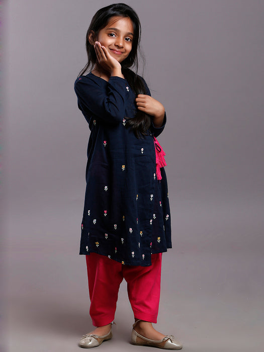 FLORAL EMBROIDERED WRAP KURTA SET - KIDS