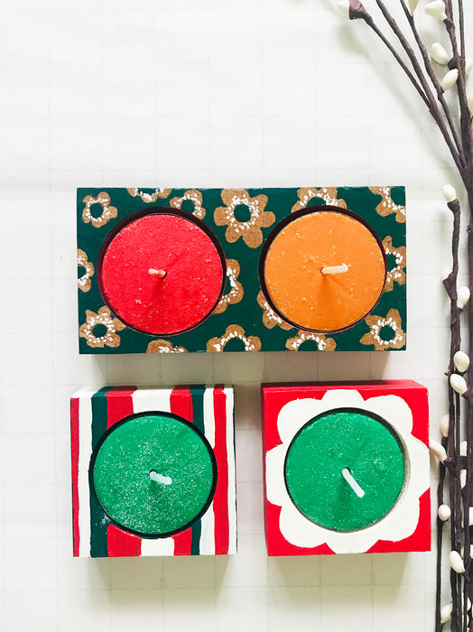 SOLD OUT: Hand Painted Wooden T-light holders (Set of 3 holders & 4 T-lights)