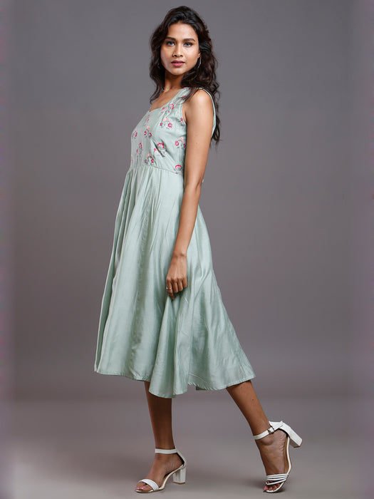 CHANDERI EMBROIDERED MIDI DRESS PASTEL GREEN