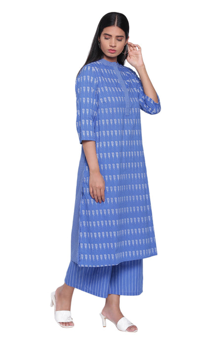 Printed Ink Blue Kurta With Side Pockets