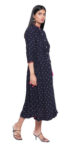 Navy Boho Tasseled Midi Dress