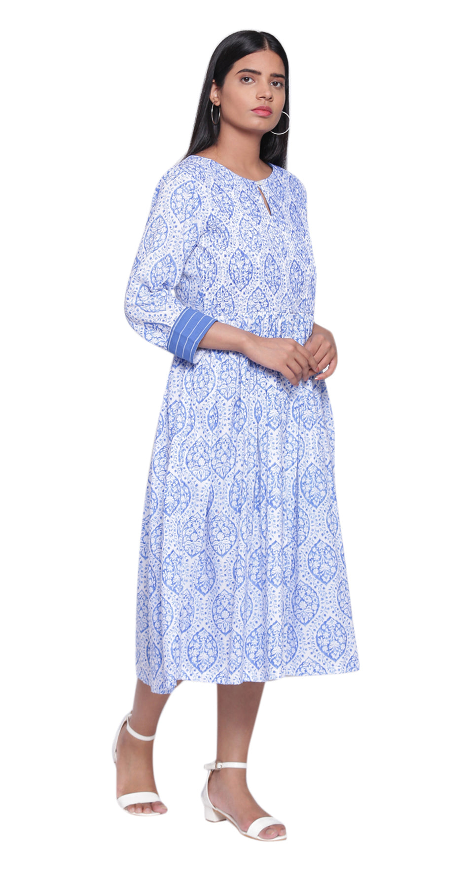 Ink Blue Printed Midi Dress wit Side Pockets