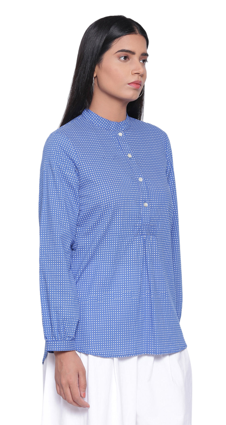 Classic Mandarin Collar Ink Blue Dot Print Top