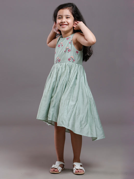CHANDERI ASYMMETRIC HEM EMBROIDERED DRESS PASTEL GREEN