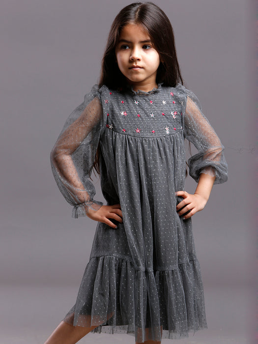 SMOKE GRAY TULLE EMBD DRESS