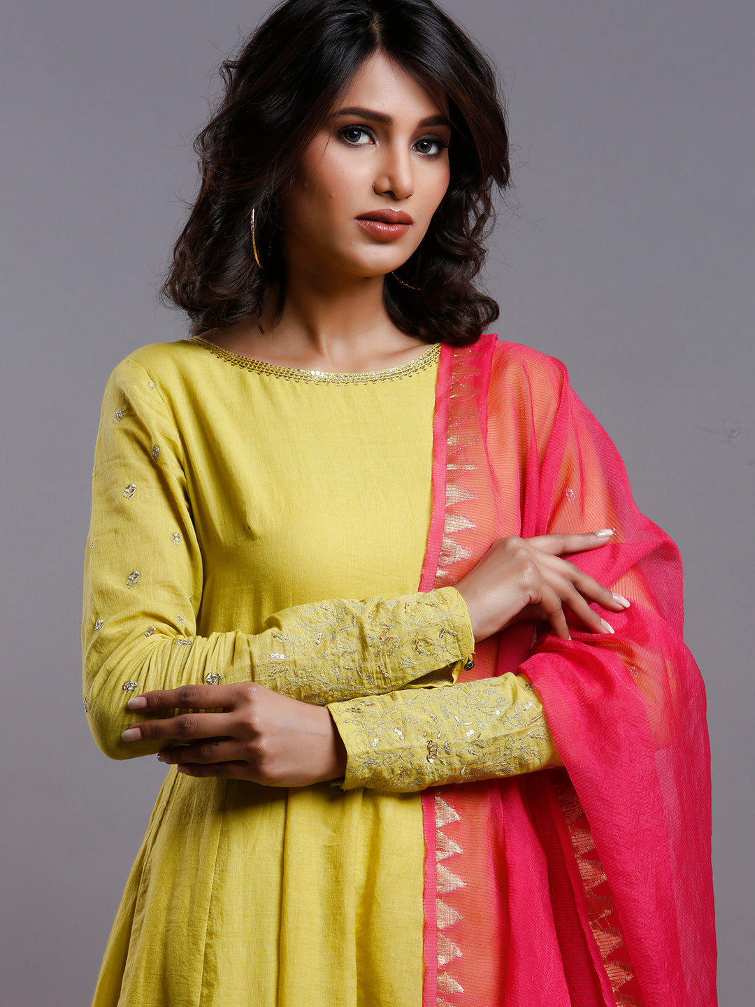 YELLOW ANARKALI  WITH GOLD SLEEVE EMBROIDERY- KURTA & PANT SET