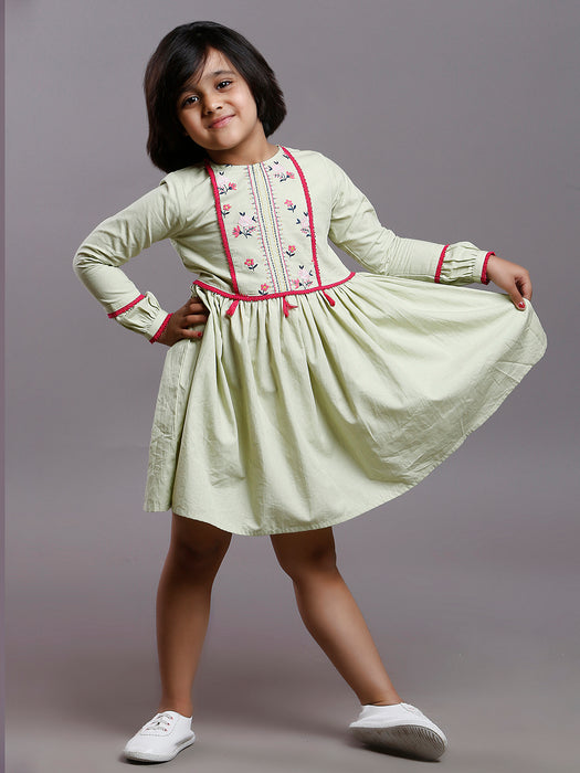 FLORAL EMBROIDERED BOHO DRESS LIGHT GREEN- KID'S