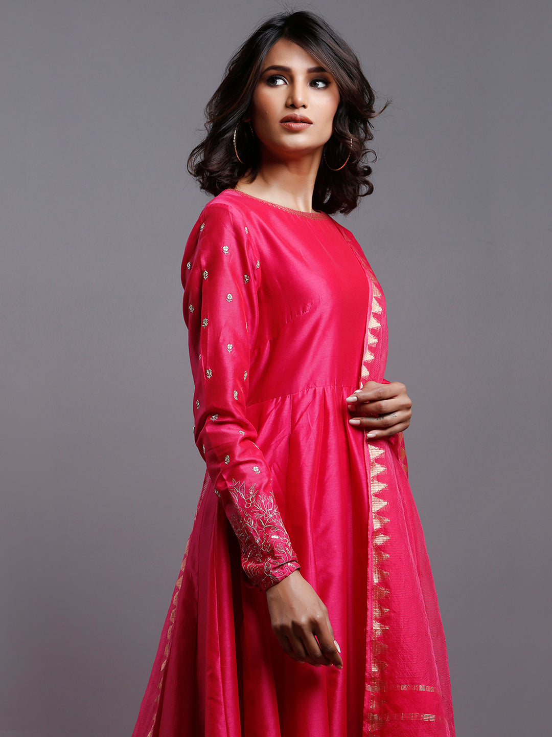 RASPBERRY PINK ANARKALI  WITH GOLD SLEEVE EMBROIDERY- KURTA & PANT SET