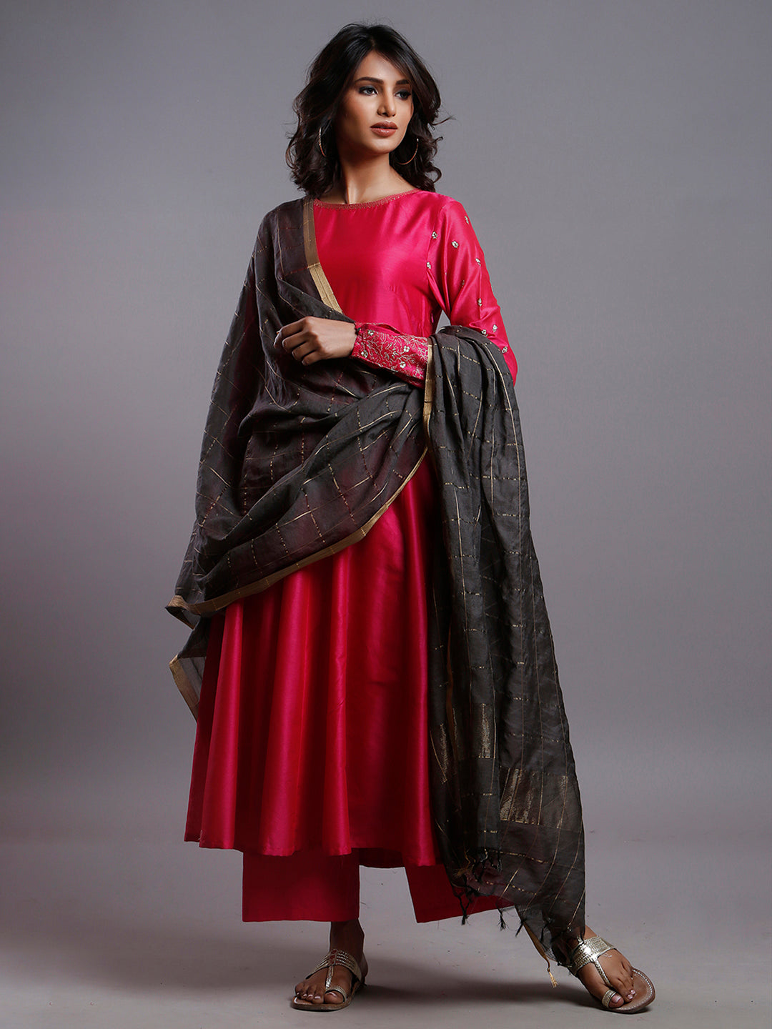 RASPBERRY PINK ANARKALI  WITH GOLD SLEEVE EMBROIDERY- KURTA & PANT SET