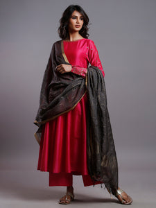 RASPBERRY PINK ANARKALI WITH GOLD SLEEVE EMBROIDERY