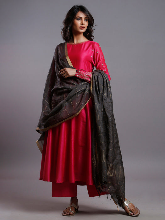 RASPBERRY PINK ANARKALI WITH GOLD SLEEVE EMBROIDERY