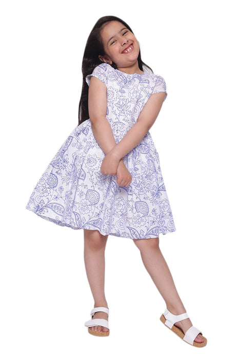 Blue & White Cotton Printed Dress Kid's