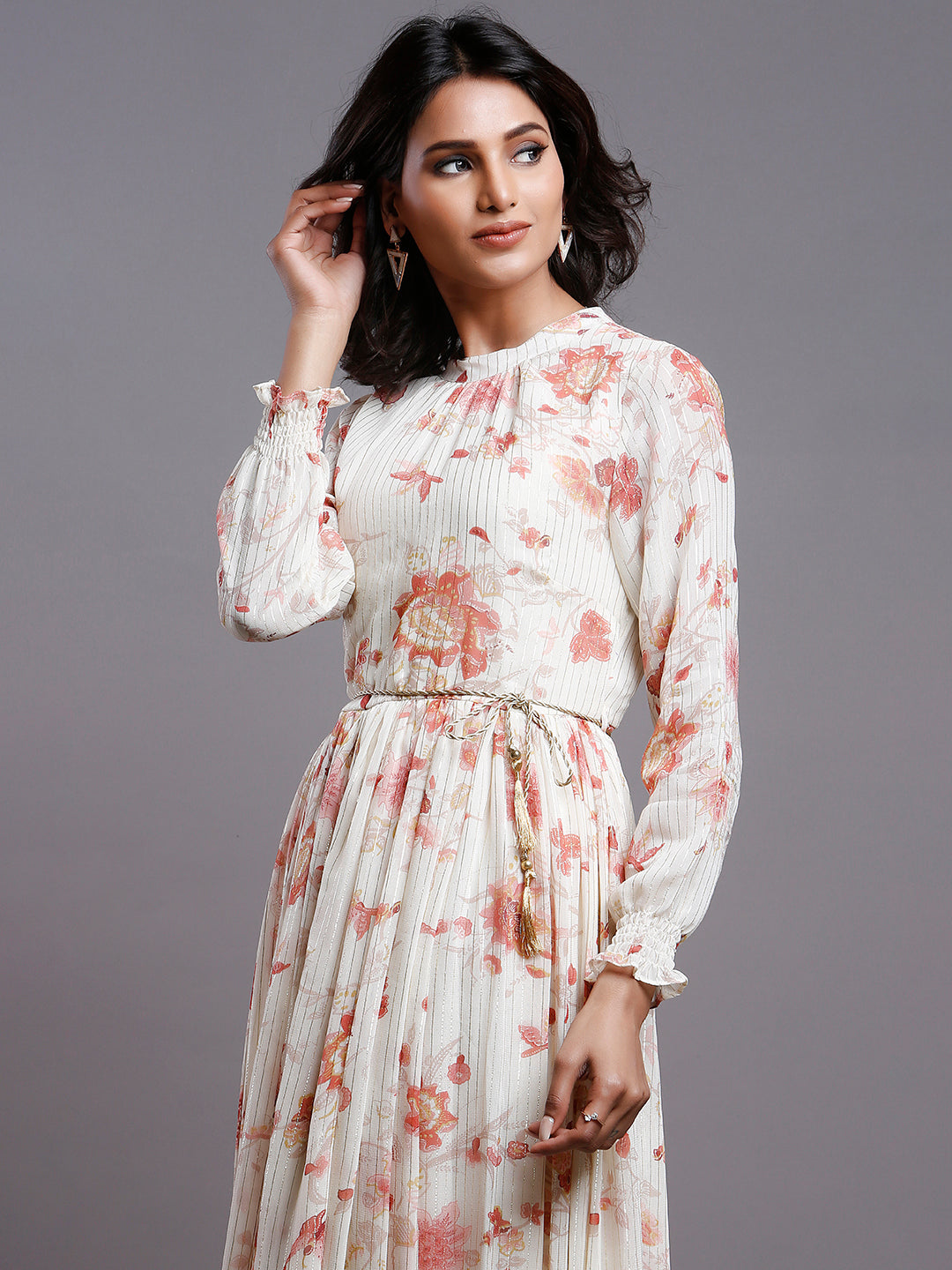 CREME FLORAL GATHERED PARTY DRESS
