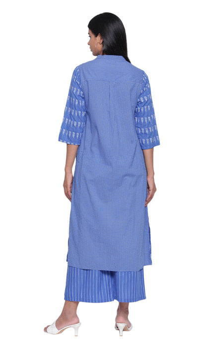 Printed Ink Blue Kurta With Side Pockets