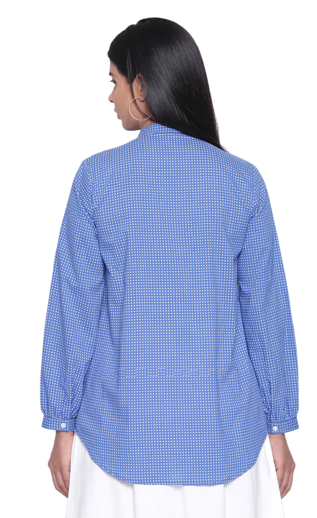 Classic Mandarin Collar Ink Blue Dot Print Top