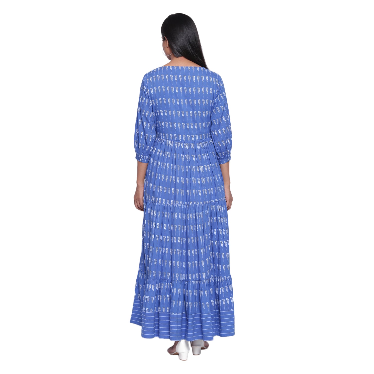 Ink Blue Printed Tiered Dress Long
